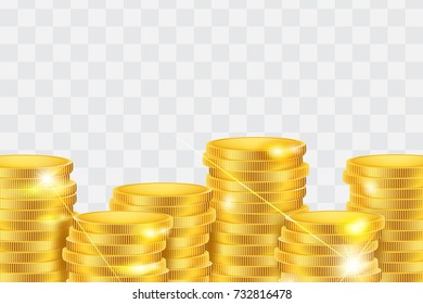 Stacks of golden coins. Beautiful and realistic, shiny golden coins with sparkles and shine isolated on transparent. Business, jackpot background, object, design element. Vector illustration