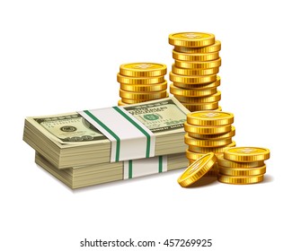  Stacks of golden coins and dollars isolated on a white background.