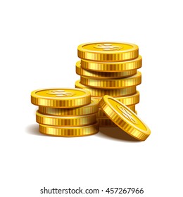  Stacks of golden coins isolated on a white background.