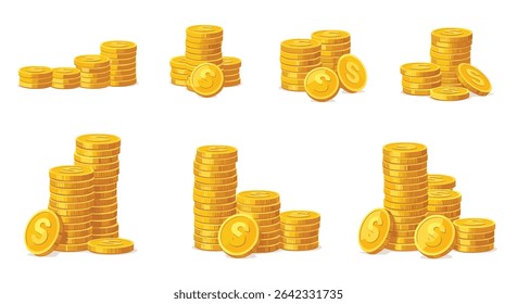 Stacks of Golden Coins Representing Wealth and Prosperity in Various Amounts and Configurations