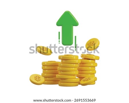  Stacks of golden dollar coin with arrows up icon 3d render concept of financial success, wealth and money growth, investment, savings, stock or profit increase icon vector illustration