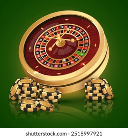 Pilhas de fichas de pôquer dourado, fichas com roleta de casino de ouro no fundo verde com reflexão. Ilustração vetorial para cassino, design de jogos, publicidade