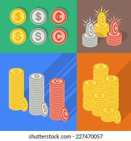Stacks of golden, silver and bronze coins in flat style. Finance concept elements made with coins.