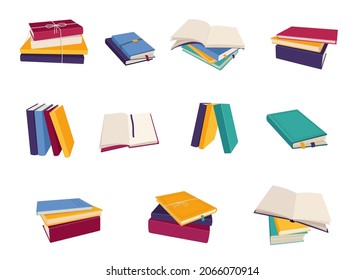 Stacks of hardback and paperback books. Fiction and educational literature. Flat vector illustration