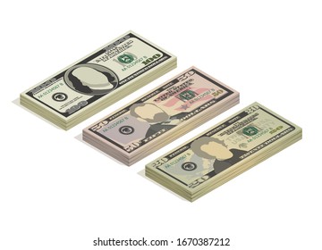 Stacks of hundred dollars, fifty dollars and twenty dollar bills. Paper money, pile of 100, 50 and 20 US dollars banknotes, isometric view. Vector illustration isolated on white background