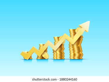 Stacks of increasing arrow coins gold coins on blue background. Vector illustration
