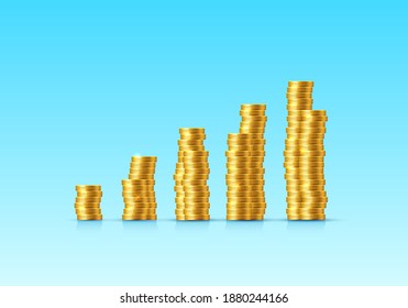 Stacks of increasing coins gold coins on blue background. Vector illustration