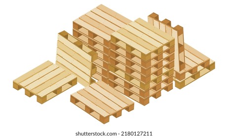 Pilas de paletas isométricas y cerca de la tierra y de la base para el embalaje y el transporte aislados en fondo blanco. Ilustración vectorial.