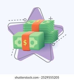 Stacks of money 3d cartoon style icon on white background. Dollar banknotes, cash or currency flat vector illustration. Investment, bank, wealth, success, finance, currency concept