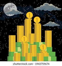 Stacks of money against the sky. A large pile of paper money and iron coins on the background of nature.