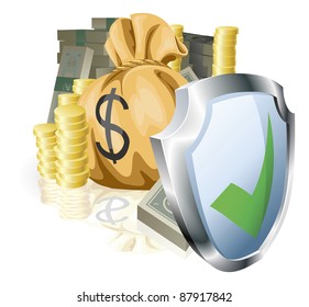Stacks of money being protected by a indicating it is secure or guaranteed