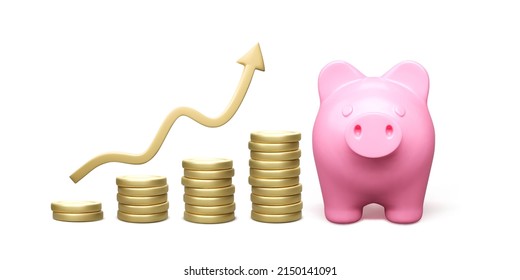 Stacks of money with growth arrow up and piggy bank business and investment concept. 3D realistic graphic element. Vector illustration