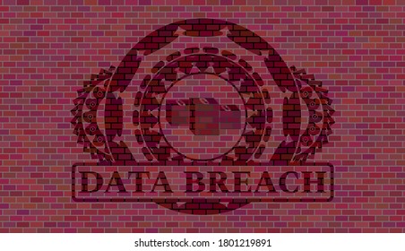 Stacks of money icon and data breach text red brick stone wall realistic badge. Tiles fancy background. Intense illustration. 