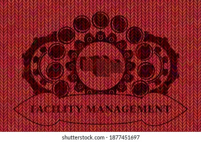 Stacks of money icon and Facility management text Red woolen fabric emblem. Cloth luxurious background. Intense illustration. 
