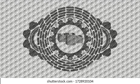 Stacks of money icon inside grey color shiny hexagon geometric pattern realistic badge. Trendy exquisite background. Vector illustration. 