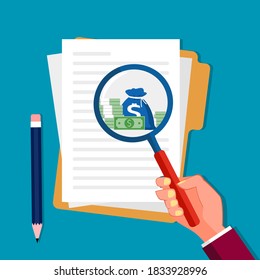 Stacks of money in a magnifying glass and paper for business documents. Analysis of financial documents