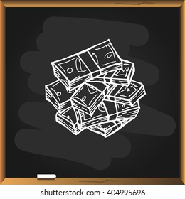 Stacks of money on blackboard background. Free hand drawn. Vector illustration. 