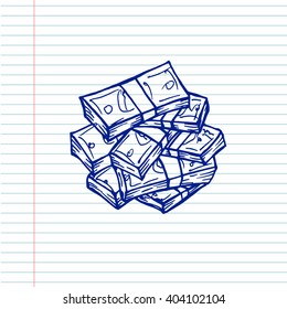 Stacks of money on copybook background. Free hand drawn. Vector illustration. 