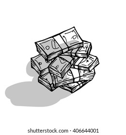 Stacks of money on white background. Free hand drawn. Vector illustration. 