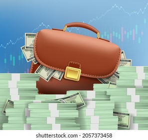 Geldstapel und ein Koffer voller Dollar vor dem Hintergrund wachsender Finanzkarten. Vektorgrafik.