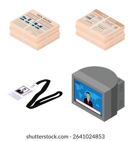 Stacks of newspapers, journalist media press pass and retro TV with breaking news on screen. Broadcasting and media concept. Vector illustration, isolated on white