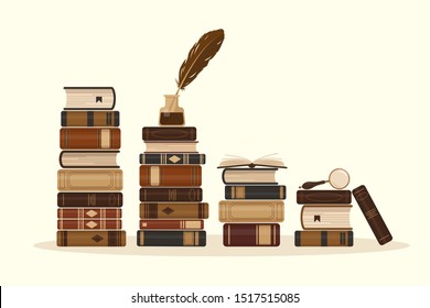 Stacks of old or historical brown books. Vintage vector illustration. 