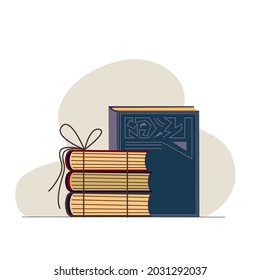 A stacks of old vintage books tied with rope.