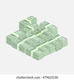 Stacks of one hundred dollar bills. Flat design, vector illustration