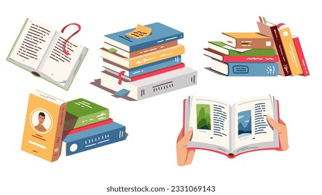 Stacks and open books literature for education set. Hardcover textbooks piles with covers, bookmarks, paper pages with text in hands. School library, knowledge, study, reading flat vector illustration