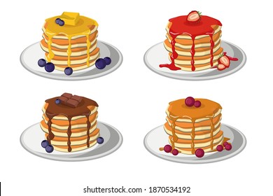 Stacks of pancakes set. Pastry with caramel or chocolate, syrups with strawberry or blueberry. Vector illustration for cooking, American breakfast, baking, menu, food concept
