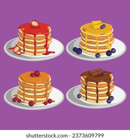 stacks pancakes set pastry with caramel chocolate syrups with strawberry blueberryvector design illustration