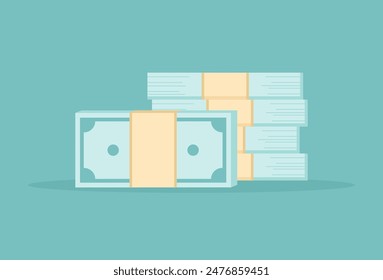 Stacks of paper banknotes on a green background. Flat vector illustration