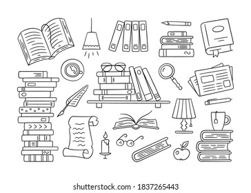 Stacks Of Paper Books, Home Library, Bookshelf In Doodle Style. Hand Drawn Set Of Object To Read On White Background