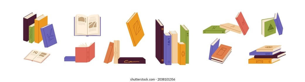 Stacks of paper books and piles of academic literature set. Open and closed textbooks, schoolbooks, encyclopedias, dictionaries for reading and studying. Flat vector illustration isolated on white