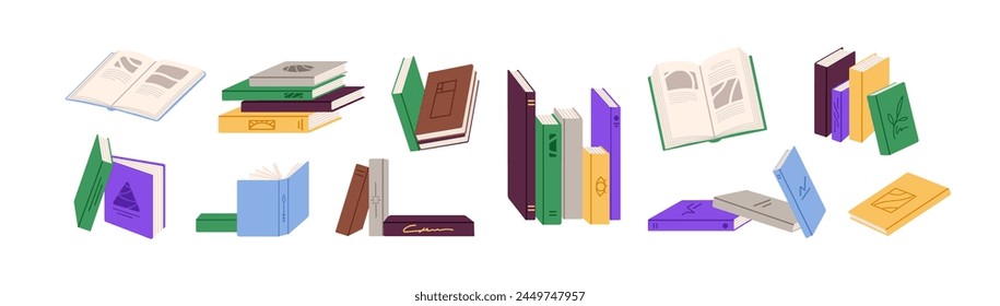 Stacks of paper books set. Open, closed textbooks. Different literature for reading, studying. Vertical, horizontal heaps of diaries with decorated cover. Flat isolated vector illustrations on white