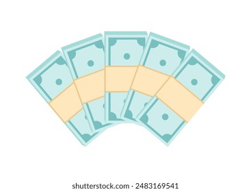Stacks of paper dollar bills isolated on a white background, top view. Flat vector illustration