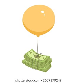Stacks of paper money bills, tied to a balloon. Loss of money, inflation.