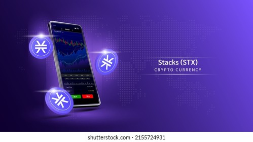 Stacks and Phone. App for trading crypto currency on the touch screen smartphone. Data analytics stock market. Trends and financial strategy. Mobile banking cryptocurrency. Vector 3d. 