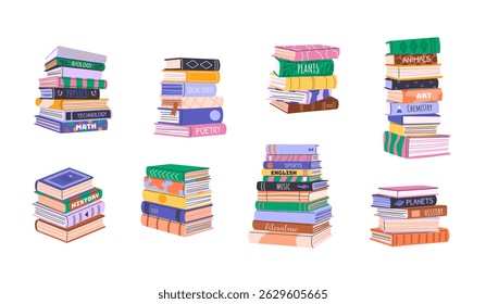 Pilhas e pilhas de livros, literatura educacional, dicionários, romances. Ilustrações planas isoladas para Back to School, clube de livros ou feira, conceitos de bookcross e livraria. Clipart de vetor.