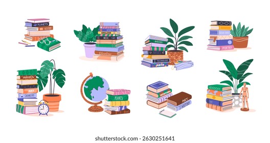Pilhas e pilhas de livros, literatura educacional, plantas domésticas, globo, manequim. Ilustrações planas isoladas para Back to School, clube de livros ou feira, conceitos de bookcross e livraria. Clipart de vetor.