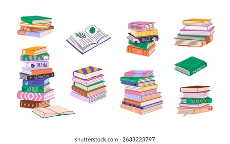 Pilhas e pilhas de livros, literatura educacional, romances, livros de histórias, enciclopédias. Ilustrações planas isoladas para Back to School, clube de livros ou feira, cruzamento de livros, conceitos de livraria. Clipart de vetor.