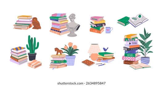 Stacks and piles of books, education literature, houseplants, statuette, lamp. Isolated flat illustrations for Back to School, book club or fair, bookcrossing and bookstore concepts. Vector clipart.