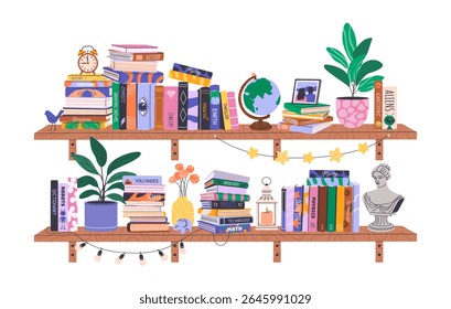Stacks and piles of books and home decor on bookshelves. Library collection with educational literature, novels, encyclopedias. Isolated illustration on white for World Book Day or Back to School.