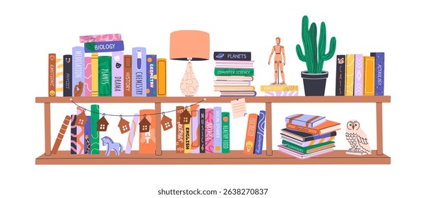 Stacks and piles of books on bookshelf. Home library collection with educational literature, novels, storybooks, encyclopedias and decor. Isolated illustration for World Book Day, Back to School.