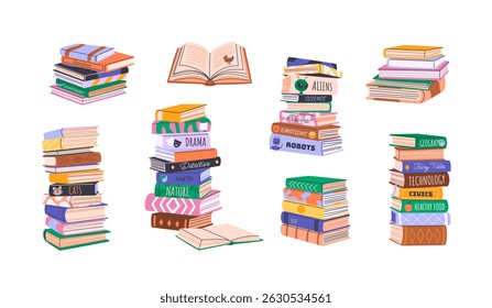 Stacks and piles of various books, education literature, novels and storybooks. Isolated flat illustrations for Back to School, book club or fair, bookcrossing and bookstore concepts. Vector clipart.