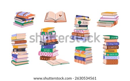 Stacks and piles of various books, education literature, novels and storybooks. Isolated flat illustrations for Back to School, book club or fair, bookcrossing and bookstore concepts. Vector clipart.