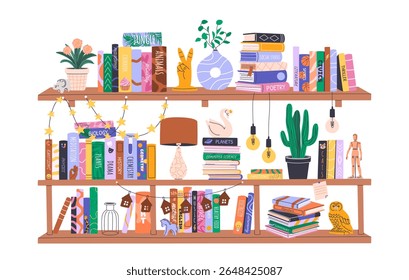 Stacks and piles of various books and home decor on bookshelves. Library collection with educational literature, novels. Isolated illustration on white for World Book Day or Back to School concept.