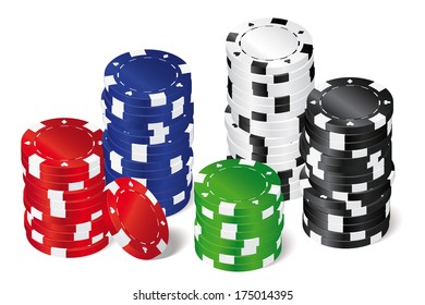 Stacks of Poker chips. Five stacks of red, green, blue, white and black poker chips with playing card symbols isolated on white