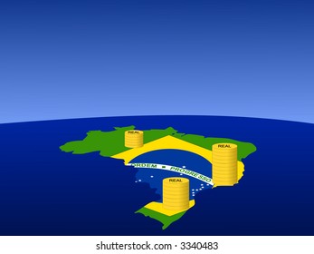 pilas de monedas reales con mapa y bandera de brasil