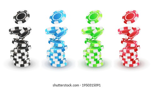 Stacks of red, green, blue, black poker chips, tokens on white background. Vector illustration for casino, game design, flyer, poster, banner, web, advertising.